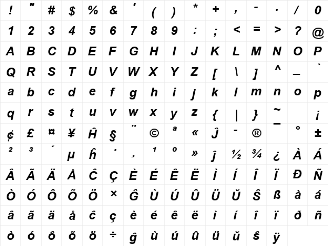 Arial Eo Bold Italic font glyph preview Arial Eo Bold Italic font glyphpreview