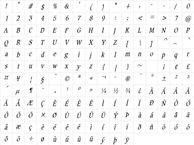 Clayton-Condensed Italic font glyph preview Clayton-Condensed Italic font glyphpreview