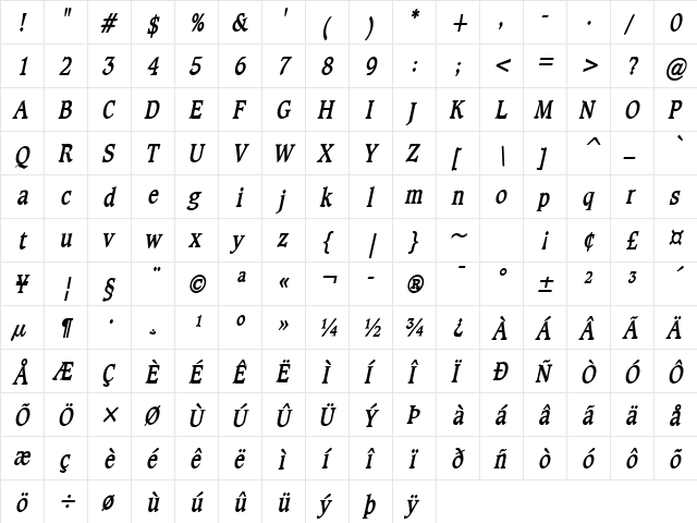 Clayton-Condensed Bold Italic font glyphpreview