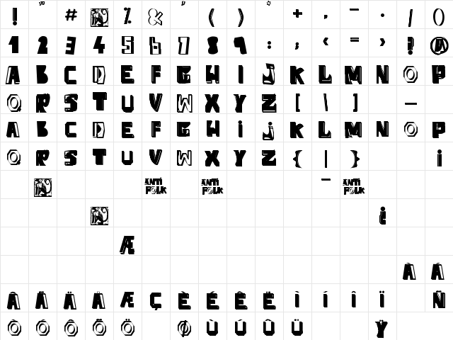 Anti-Folk Regular font glyph preview Anti-Folk Regular font glyphpreview