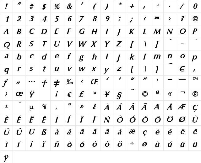 Columbia-DemiBoldIta Regular font glyphpreview