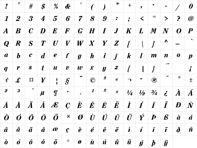 ClearfaceH Bold Italic font glyph preview ClearfaceH Bold Italic font glyphpreview