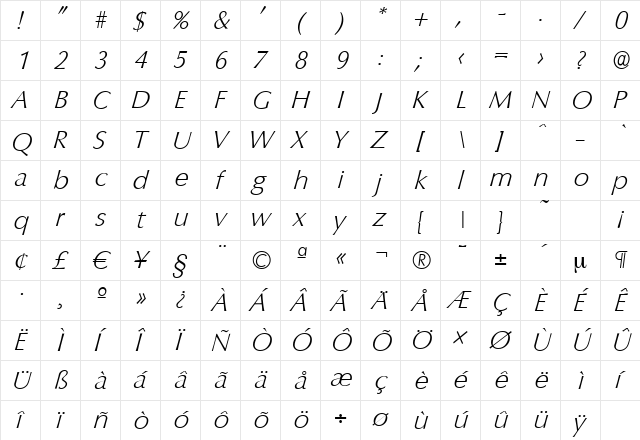 ColumbiaSerial-Xlight Italic font glyphpreview