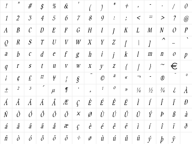 ClaytonThin Italic font glyph preview ClaytonThin Italic font glyphpreview