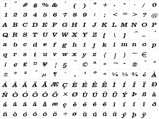 ClareWide Italic font glyph preview ClareWide Italic font glyphpreview