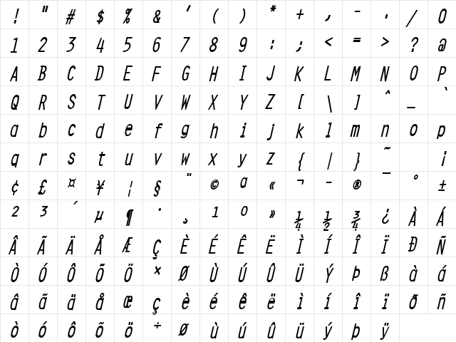 Clean-Condensed Bold Italic font glyph preview Clean-Condensed Bold Italic font glyphpreview