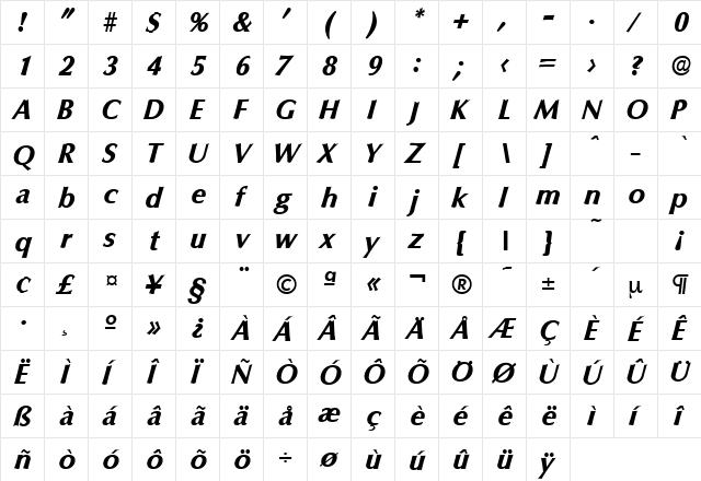 Columbia-Serial-ExtraBold RegularItalic font glyphpreview