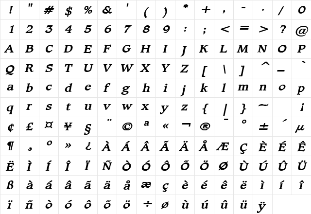 Clayton Wide Bold Italic font glyphpreview