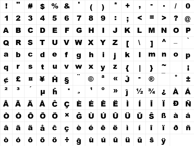 Arial MT Black Eo Regular font glyph preview Arial MT Black Eo Regular font glyphpreview