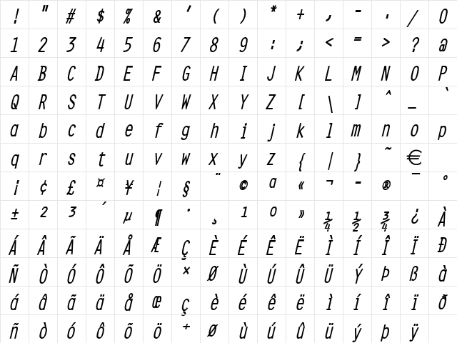 CleanCondensed BoldItalic font glyphpreview