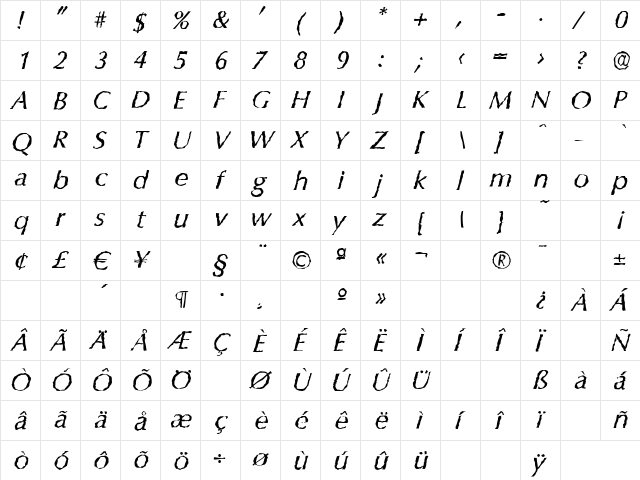 ColumbiaRandom Italic font glyphpreview