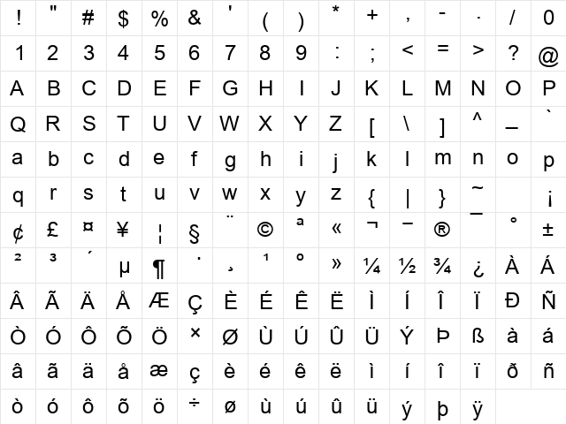 Aria Regular font glyphpreview