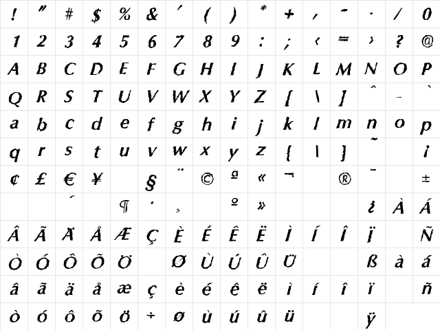 ColumbiaRandom BoldItalic font glyphpreview