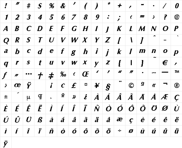 Columbia-BoldIta Regular font glyphpreview