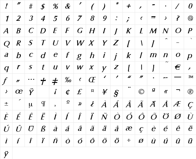 Columbia-MediumIta Regular font glyphpreview