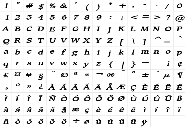 Clayton Extended Bold Italic font glyph preview Clayton Extended Bold Italic font glyphpreview