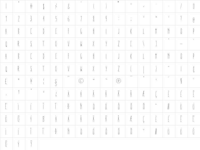 Aracne Ultra Condensed Light Ultra-condensed Light font glyph preview Aracne Ultra Condensed Light Ultra-condensed Light font glyphpreview