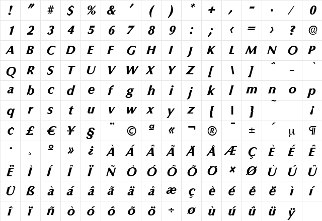 ColumbiaSerial-Xbold Italic font glyphpreview