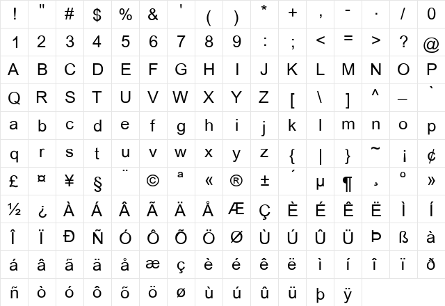 ArialMT Regular font glyphpreview
