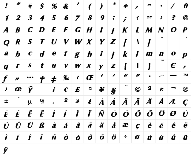 Columbia-ExtraBoldIta Regular font glyphpreview