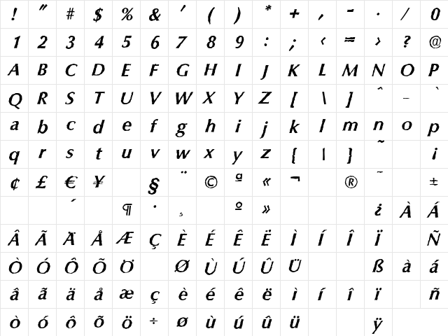 ColumbiaAntique BoldItalic font glyph preview ColumbiaAntique BoldItalic font glyphpreview