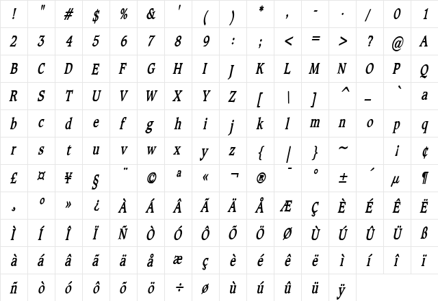 Clayton Thin Bold Italic font glyphpreview