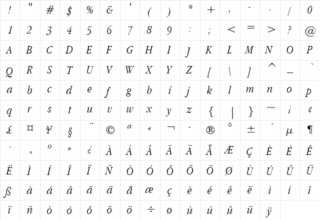 Apple Garamond BT Light Italic font glyphpreview