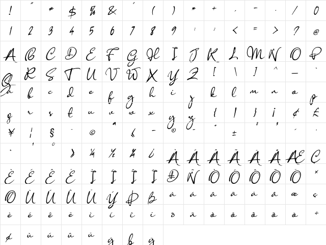 Anisha Italic font glyph preview Anisha Italic font glyphpreview