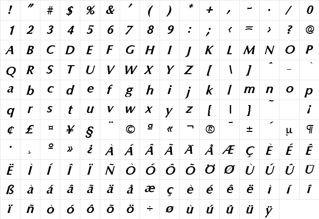Columbia-Serial BoldItalic font glyphpreview