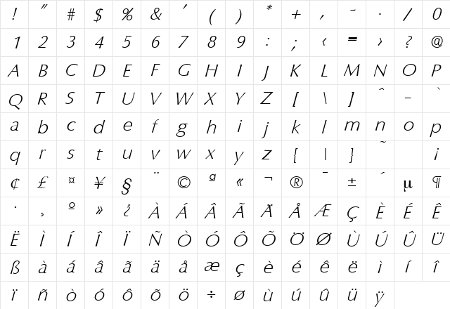 Columbia-Serial-ExtraLight RegularItalic font glyphpreview