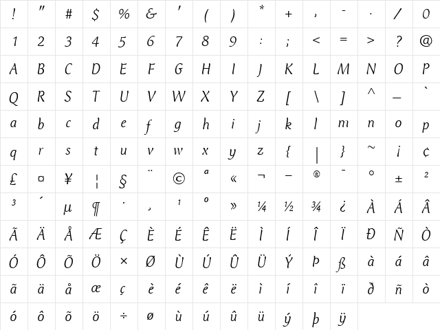 ClubTypeMercurius-Light LightItalic font glyphpreview