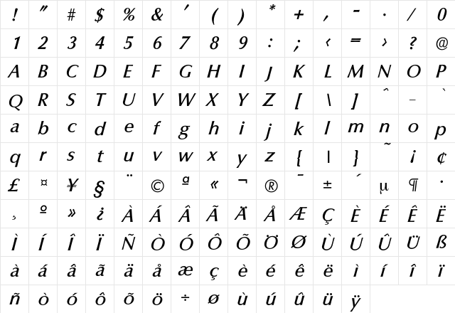 Columbia-MediumIta Regular font glyphpreview