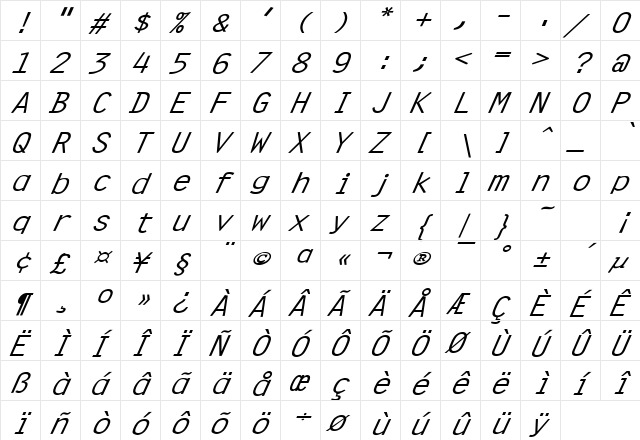 Clean Wide Italic font glyphpreview