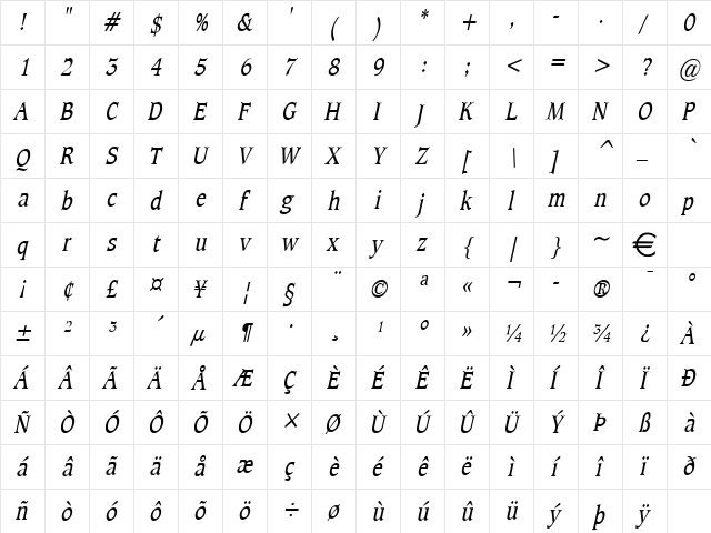 ClaytonCondensed Italic font glyphpreview