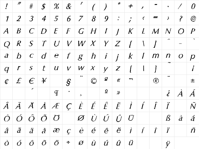 ColumbiaAntique Italic font glyphpreview