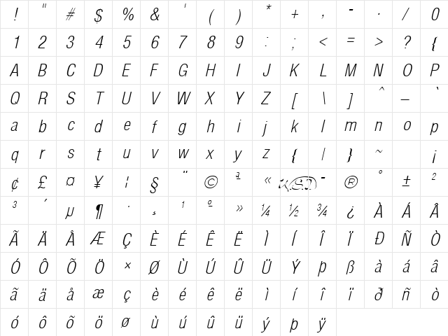 Arena Condensed Light Italic font glyphpreview