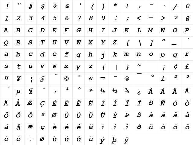 Courier New Bold Italic font glyph preview Courier New Bold Italic font glyphpreview
