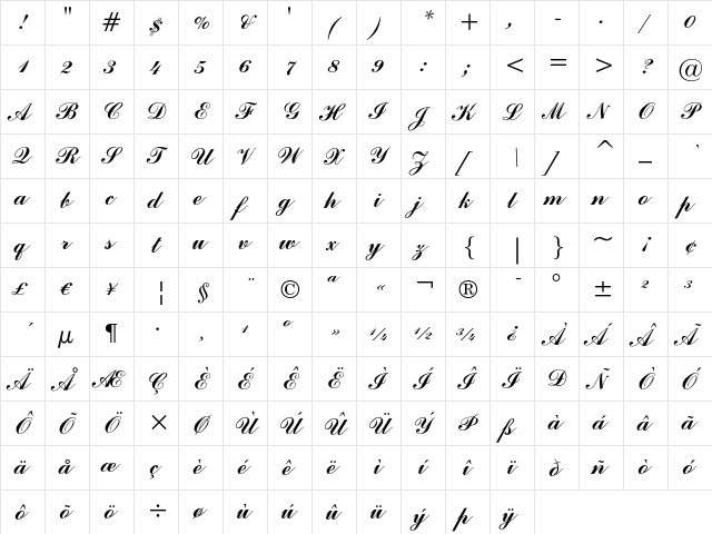 Commercial Script Regular font glyphpreview
