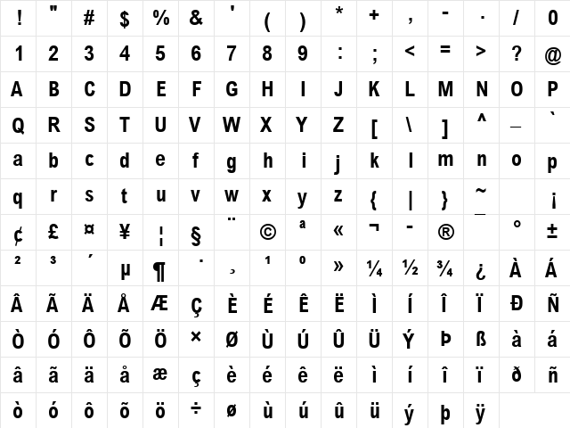 Arial Condensed Bold Regular font glyph preview Arial Condensed Bold Regular font glyphpreview