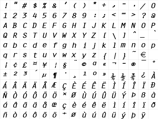 CleanWide BoldItalic font glyph preview CleanWide BoldItalic font glyphpreview