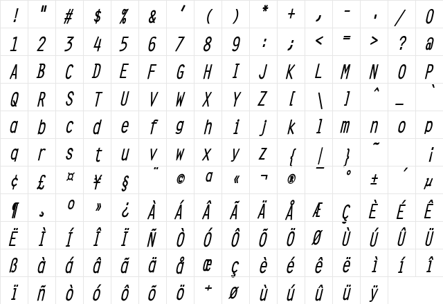 Clean Condensed Bold Italic font glyphpreview